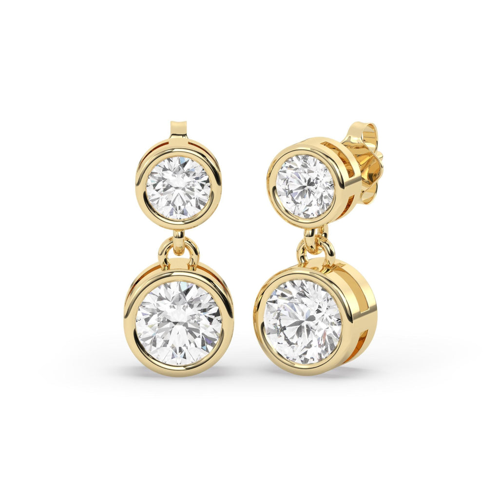Round Shape Bezel Set Diamond Dangling Earrings / 14k Gold and Diamond Drop Earrings / IGI Certified Lab Diamond Earrings