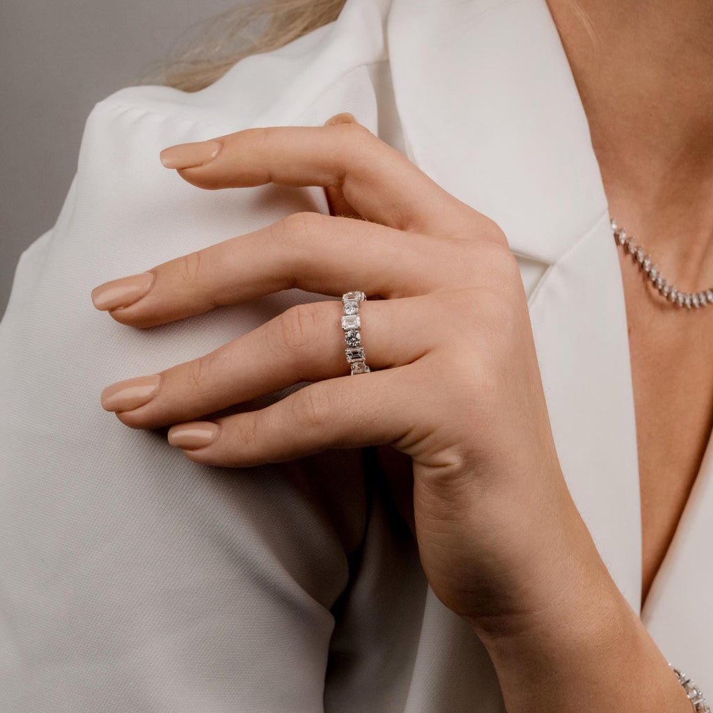 Emerald and Round Cut Diamond Full Eternity Wedding Band / 2.8 CTS Ct Prong Set Emerald Cut Eternity Ring / Diamond Wedding Ring