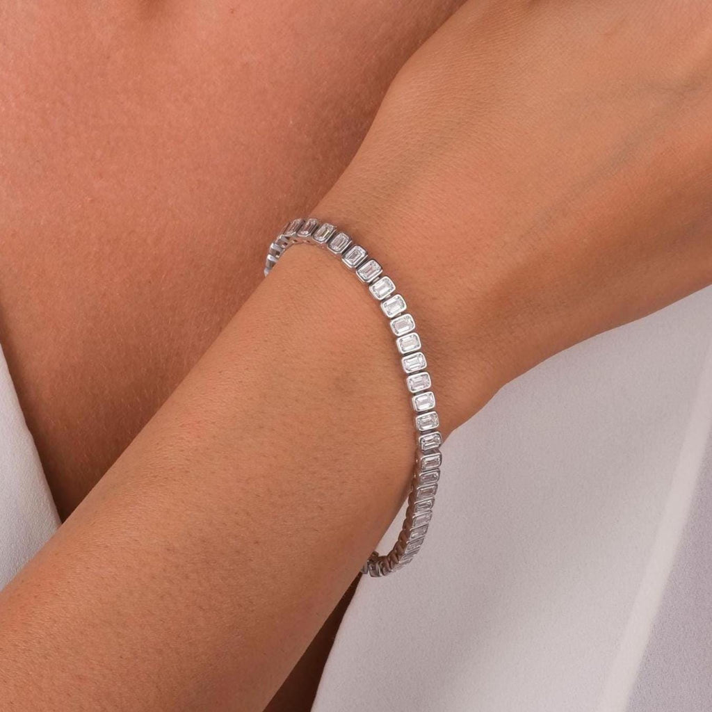 14k Gold Emerald Cut Tennis Bracelet: Lab or Natural Diamond, Bezel Set