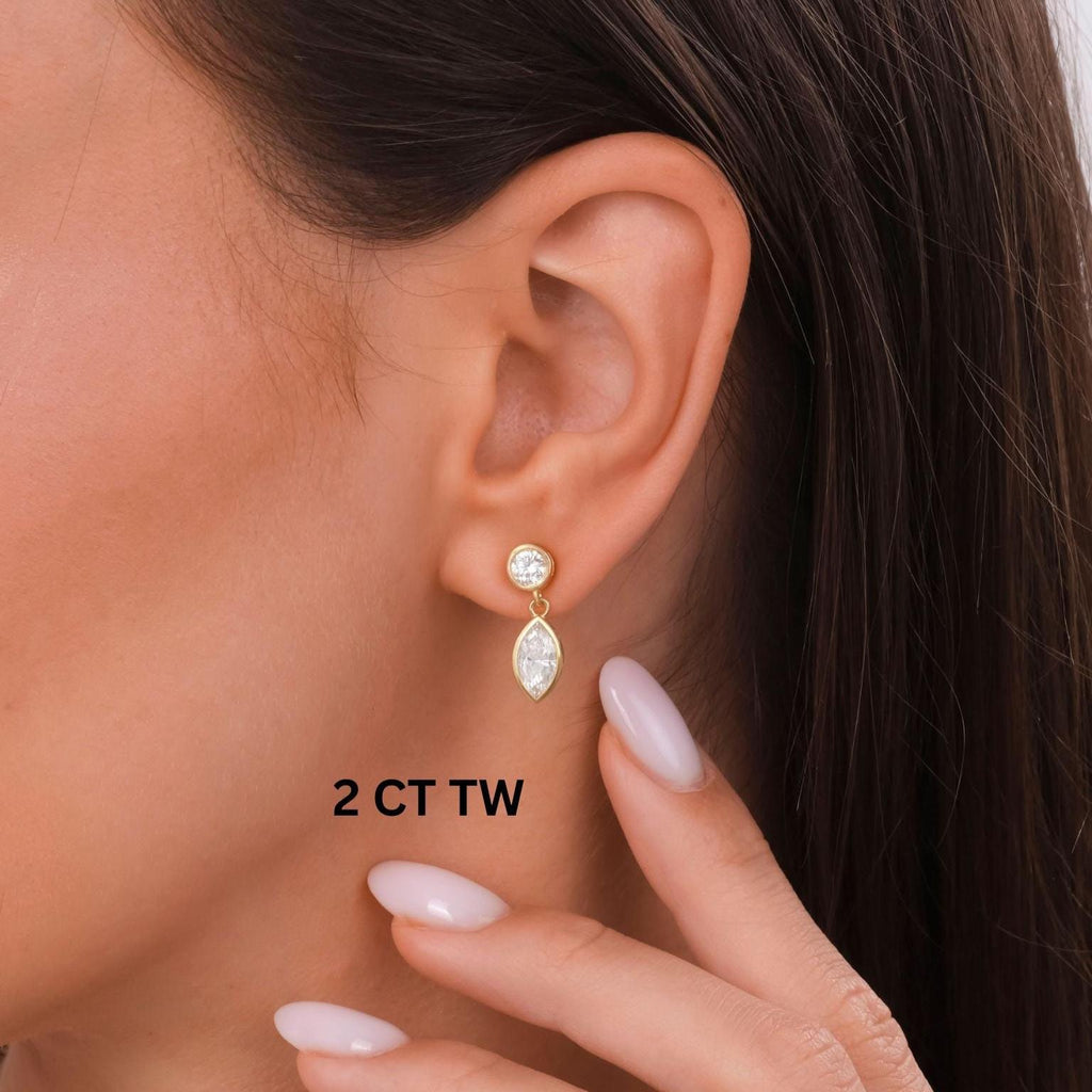 Round and Marquise Cut Bezel Set Diamond Dangling Earrings / 14k Gold Diamond Earrings / IGI Certified Lab Diamond Earrings