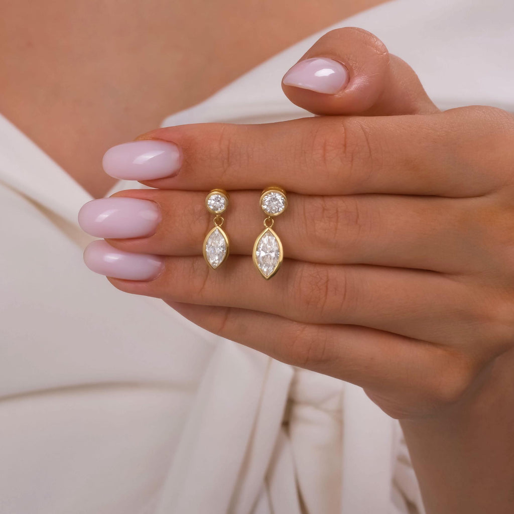 Round and Marquise Cut Bezel Set Diamond Dangling Earrings / 14k Gold Diamond Earrings / IGI Certified Lab Diamond Earrings