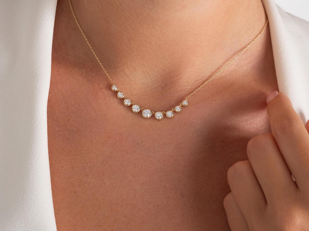 1.3 CT Diamond Station Necklace: 14k Gold Bezel Set Layering Necklace