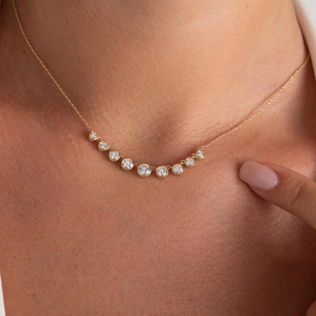 1.3 CT Diamond Station Necklace: 14k Gold Bezel Set Layering Necklace