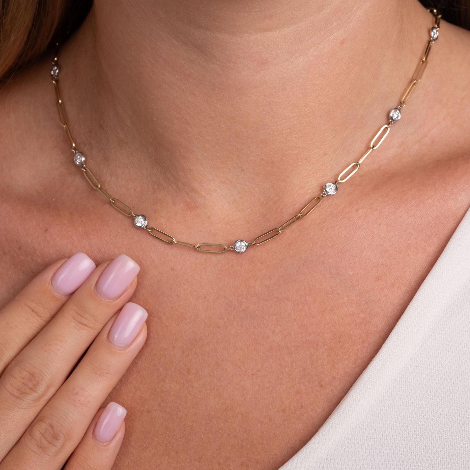 1.8 CT Diamond Station Necklace: 14k Gold Paperclip Chain