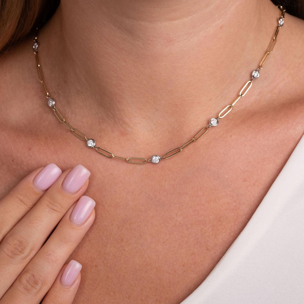 1.8 CT Diamond Station Necklace: 14k Gold Paperclip Chain
