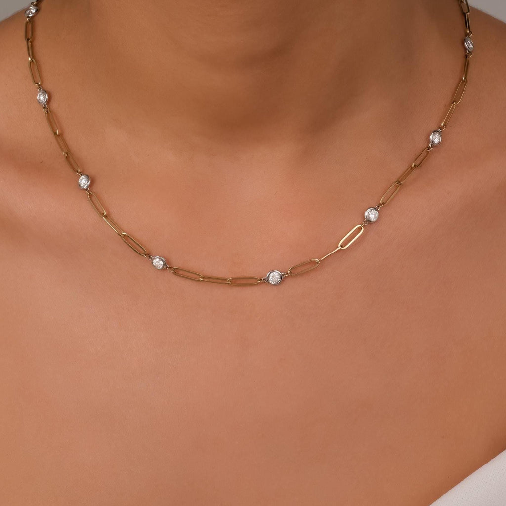 1.8 CT Diamond Station Necklace: 14k Gold Paperclip Chain