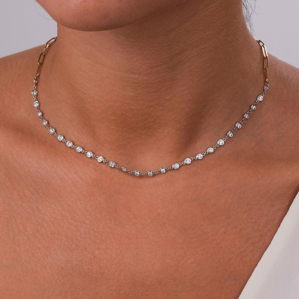 2 CT Diamond Station Necklace / 14k Gold Paperclip Diamond By the Yard Necklace