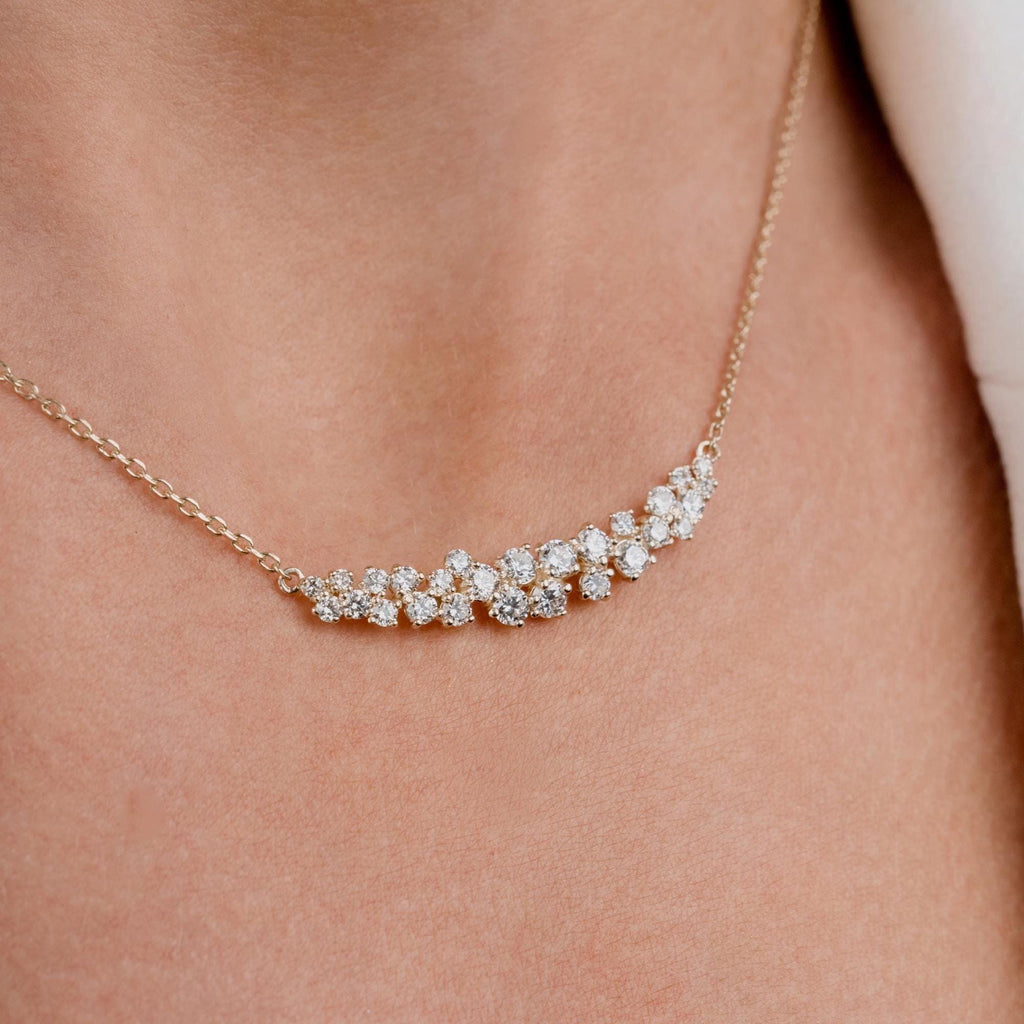 14k Gold Diamond Cluster Necklace: Minimalist Layering Jewelry Unique Diamond Necklace / Gift for her