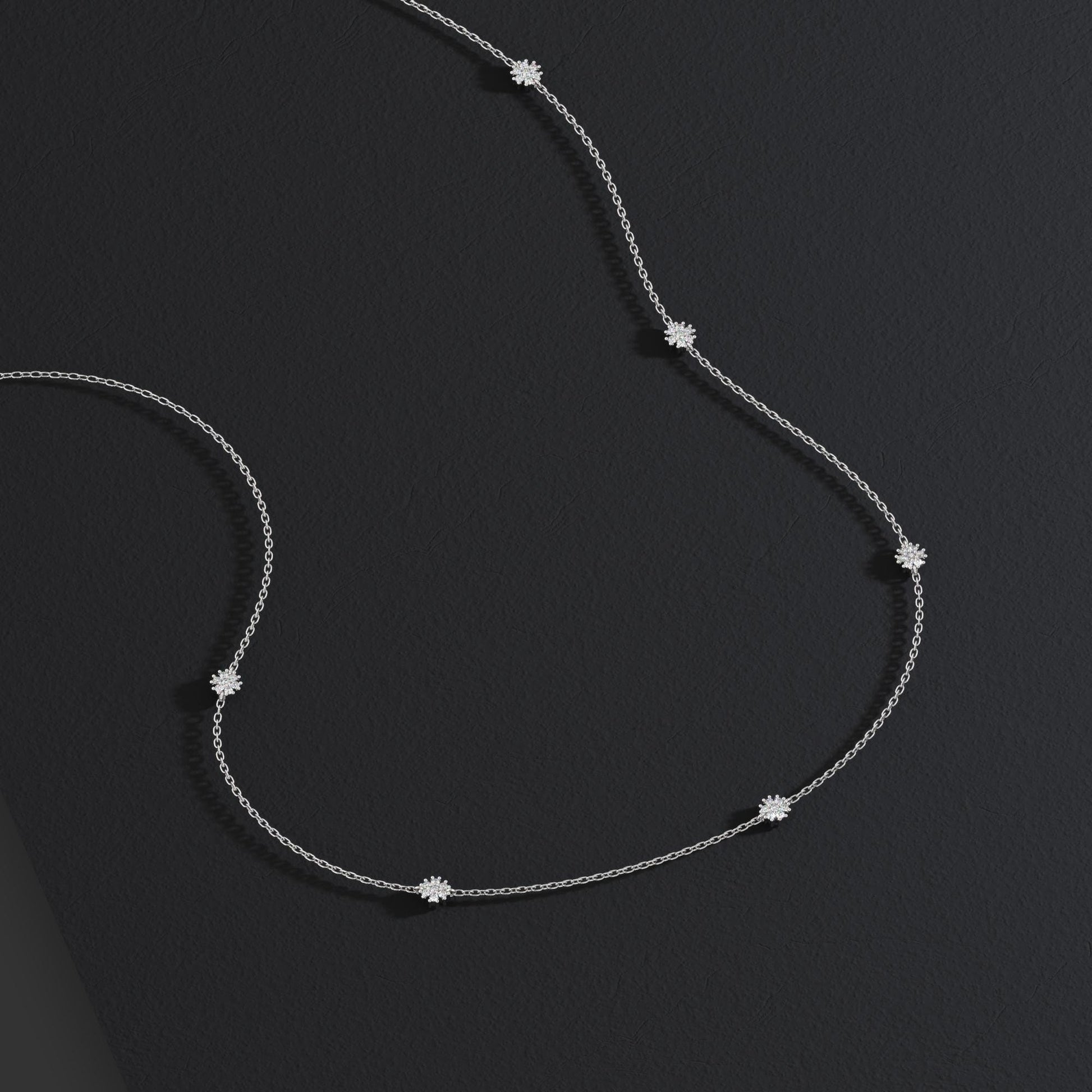 14k Gold Diamond Flower Station Necklace - Minimalist Layering Necklace