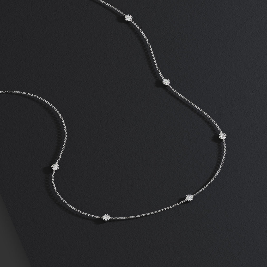 14k Gold Diamond Flower Station Necklace - Minimalist Layering Necklace
