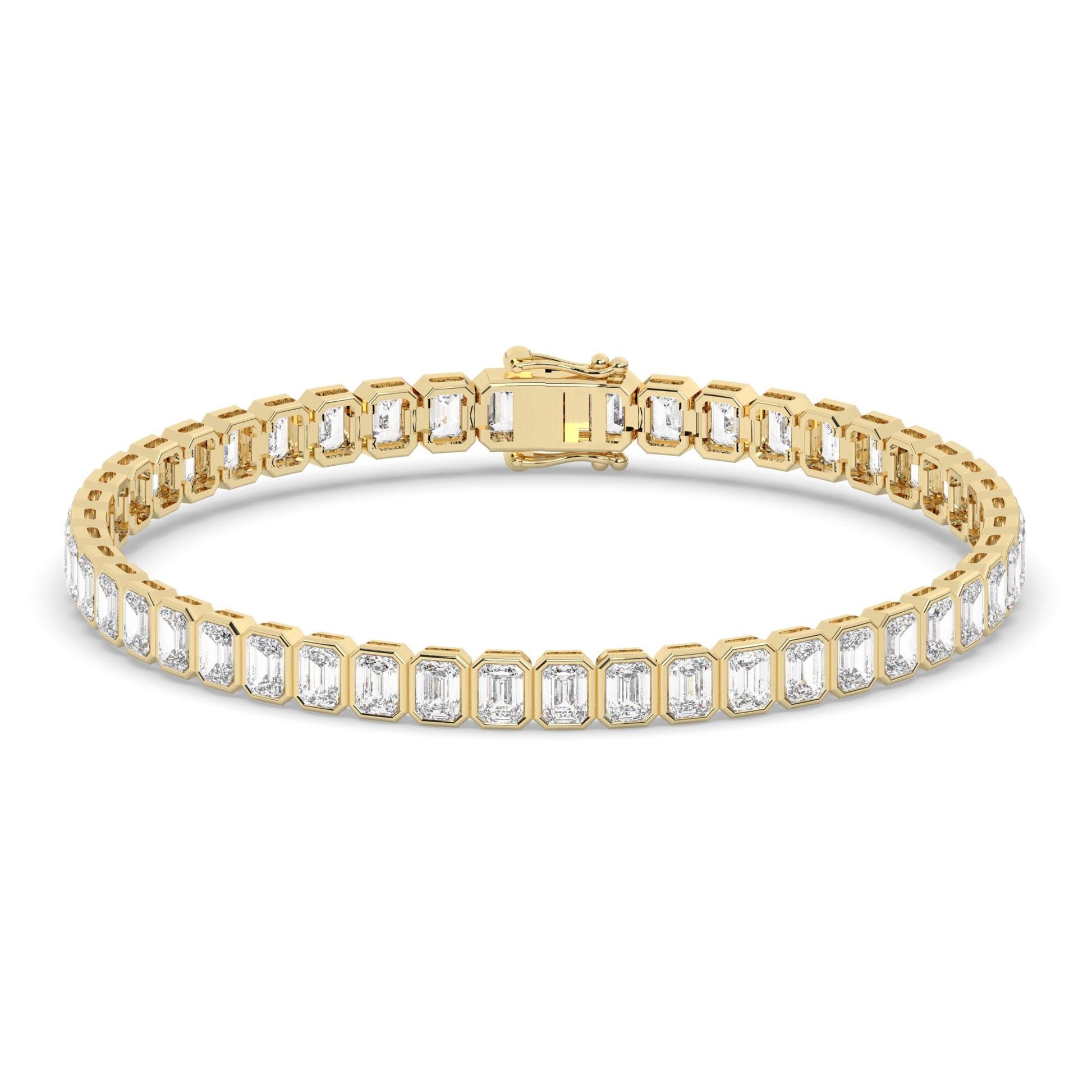 14k Gold Emerald Cut Tennis Bracelet: Lab or Natural Diamond, Bezel Set