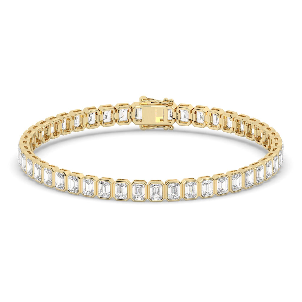 14k Gold Emerald Cut Tennis Bracelet: Lab or Natural Diamond, Bezel Set