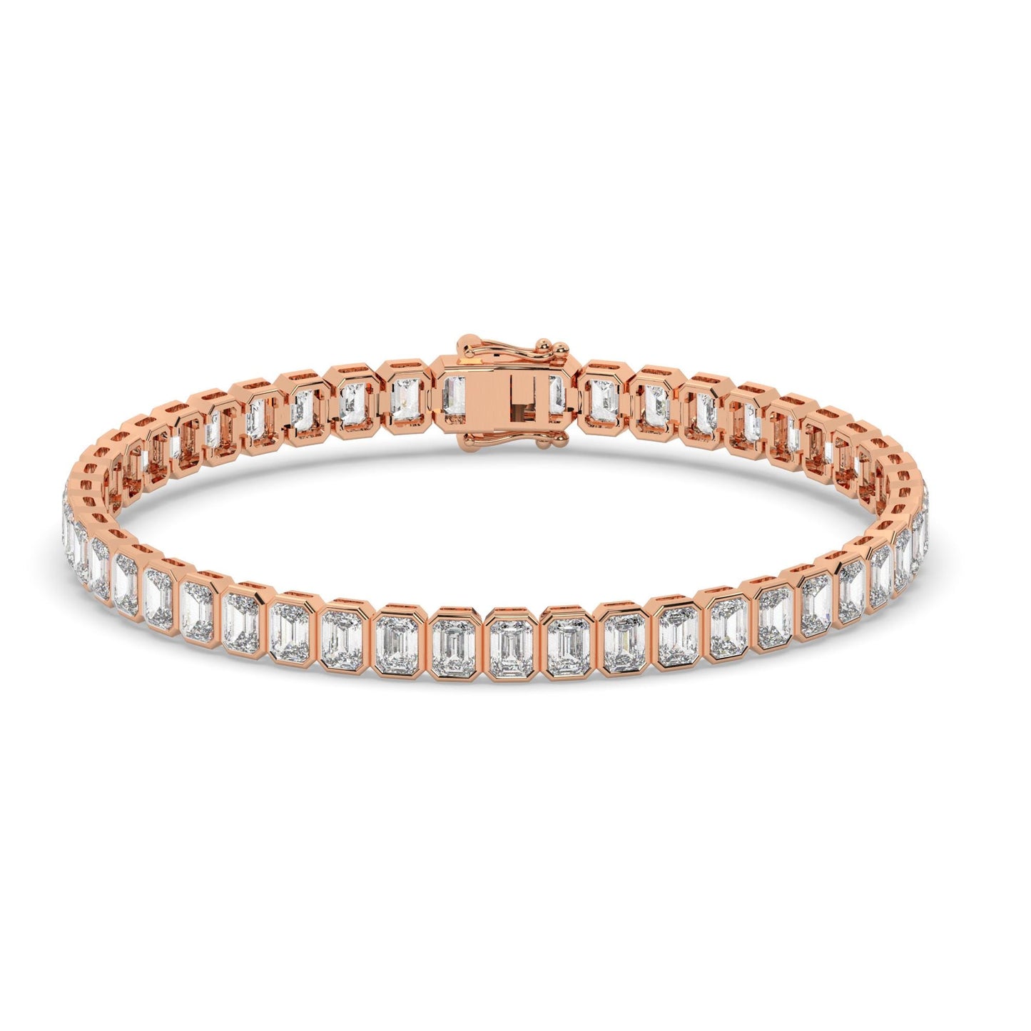 14k Gold Emerald Cut Tennis Bracelet: Lab or Natural Diamond, Bezel Set