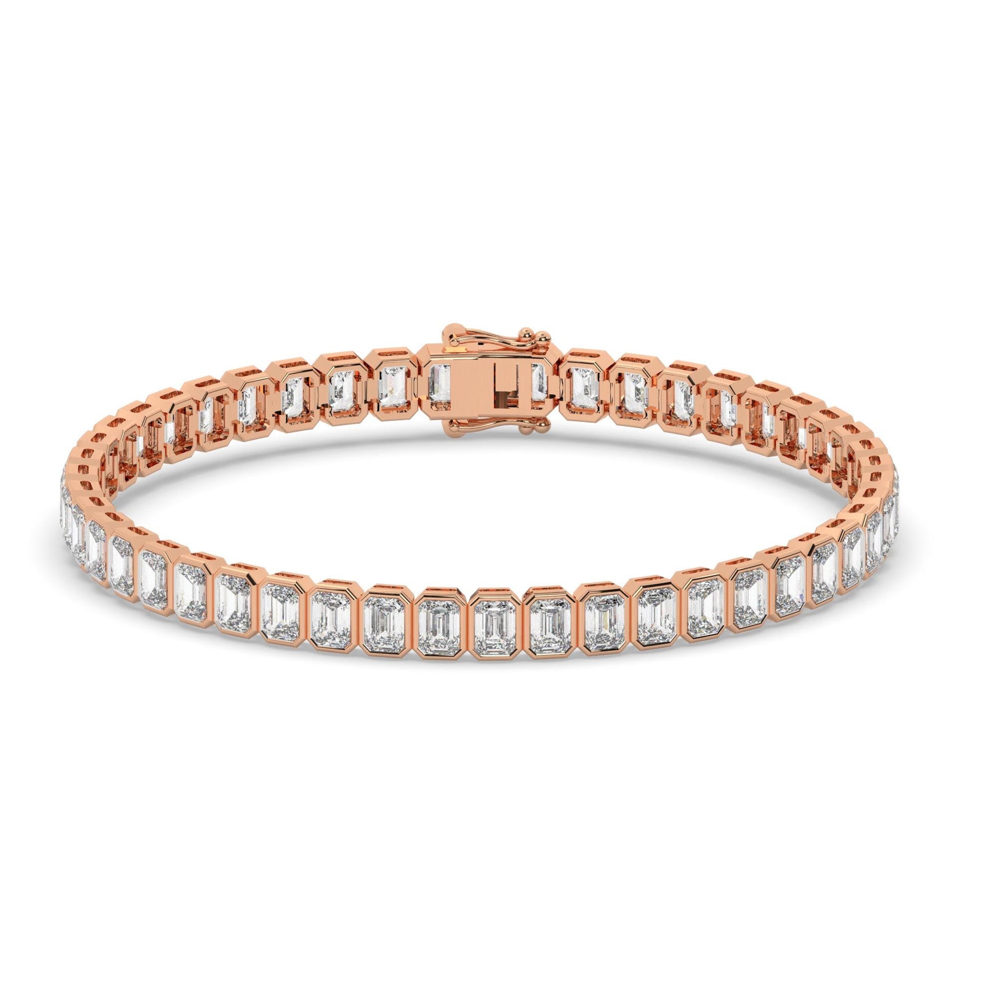 14k Gold Emerald Cut Tennis Bracelet: Lab or Natural Diamond, Bezel Set