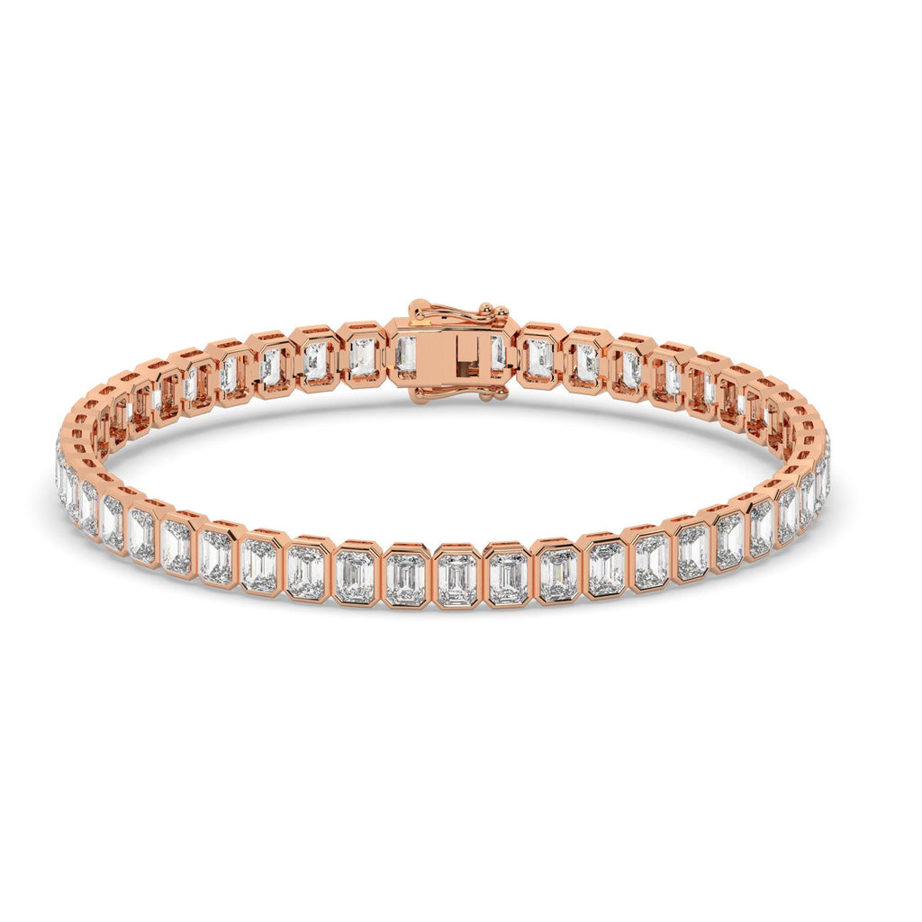 14k Gold Emerald Cut Tennis Bracelet: Lab or Natural Diamond, Bezel Set