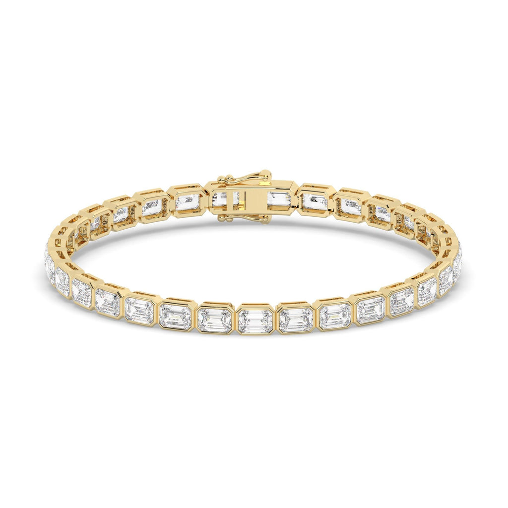 14k Gold Emerald Cut Tennis Bracelet: Bezel Set, 9 CT Diamond