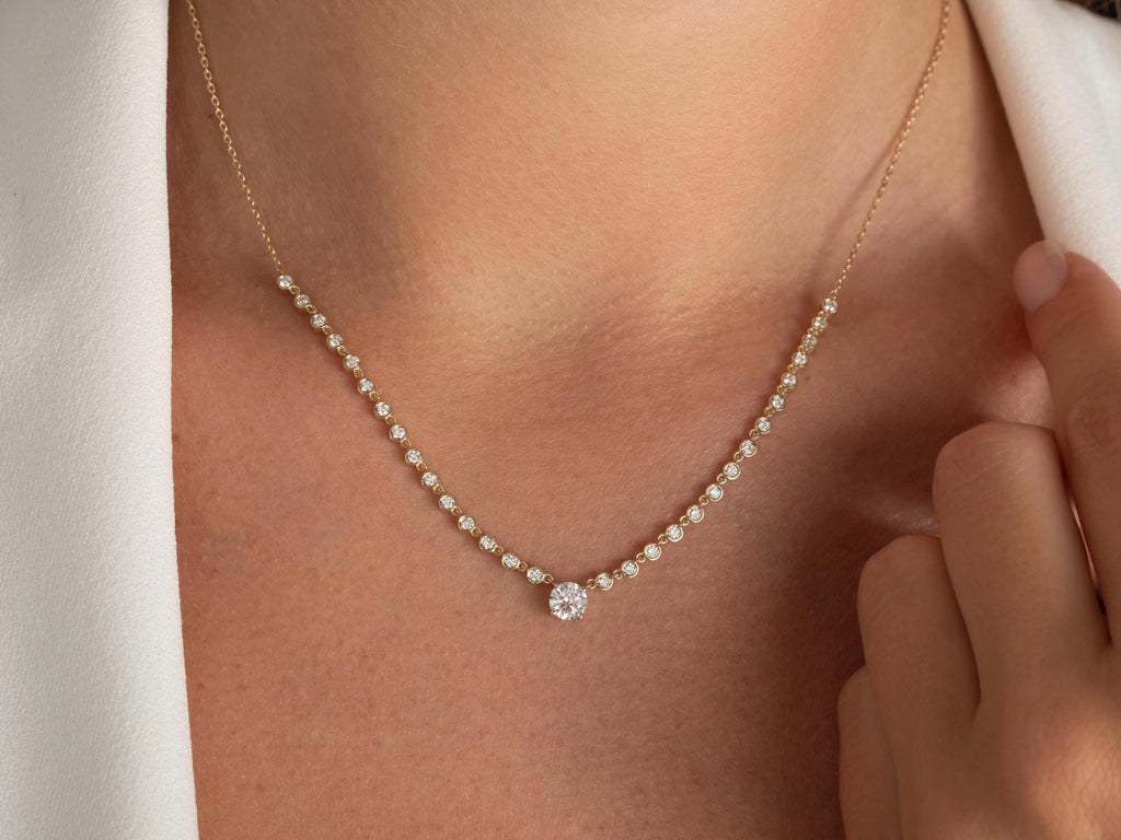 1.1 CT Diamond Station Segment Necklace / Oval, Round, Heart, Cushion and Emerald cut Center Stone Options Diamond On Chain Prong Set