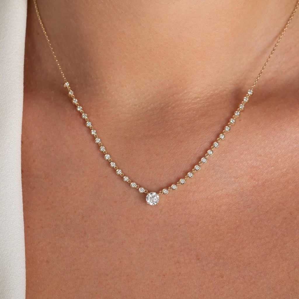 1.1 CT Diamond Station Segment Necklace / Oval, Round, Heart, Cushion and Emerald cut Center Stone Options Diamond On Chain Prong Set