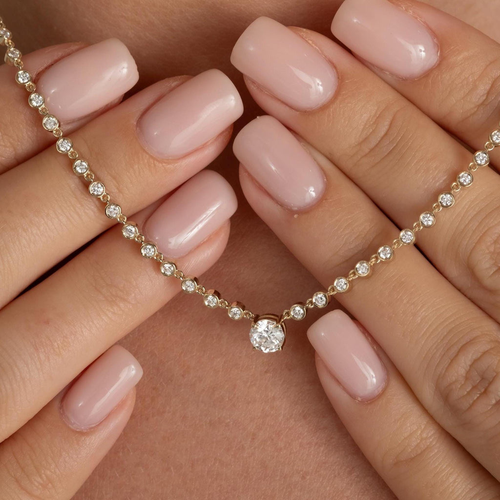 1.1 CT Diamond Station Segment Necklace / Oval, Round, Heart, Cushion and Emerald cut Center Stone Options Diamond On Chain Prong Set