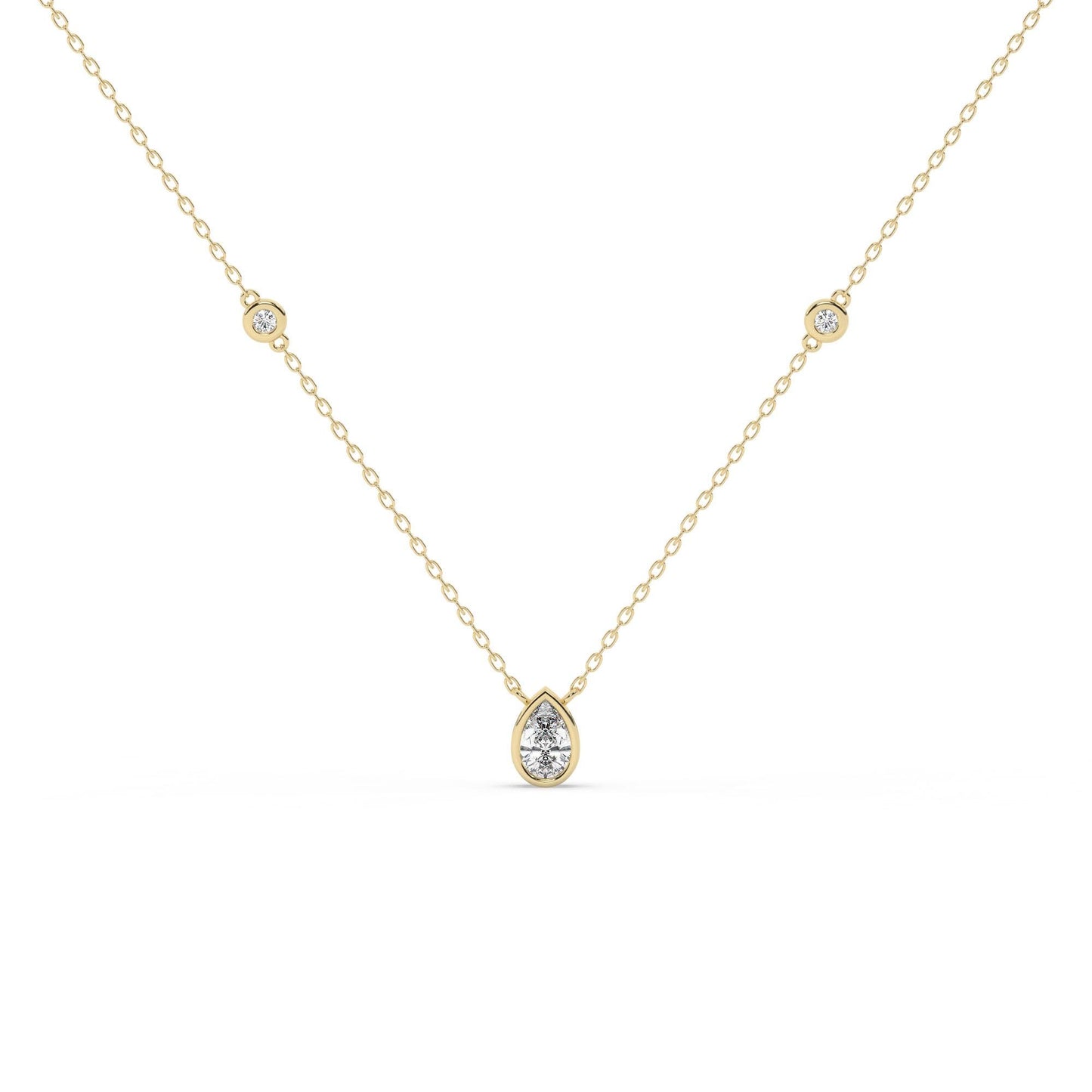 14k Gold Diamond Station Necklace / Bezel Set Diamond By the Yard Necklace / 7 Shape Lab and Natural Diamond Center Stone Option