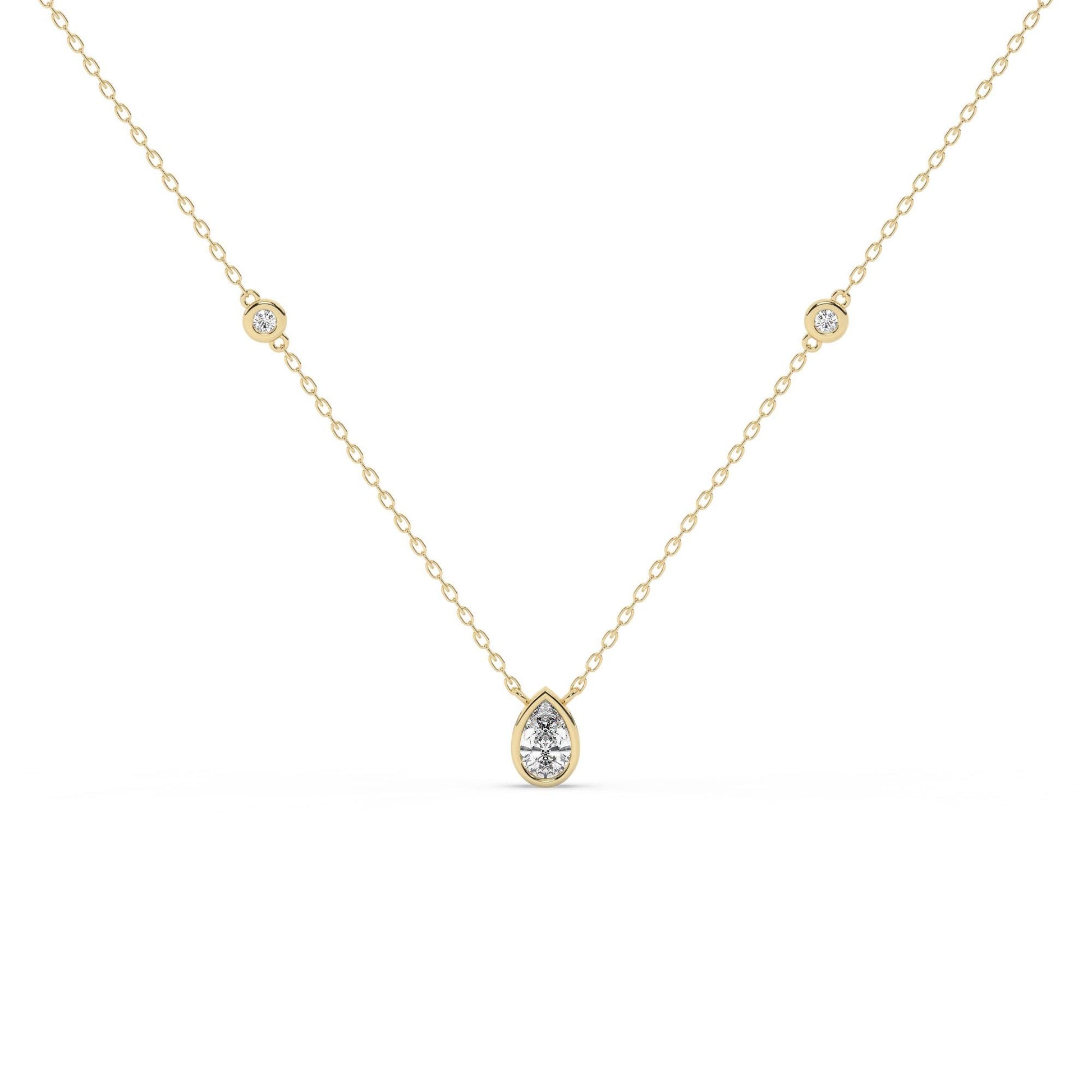 14k Gold Diamond Station Necklace / Bezel Set Diamond By the Yard Necklace / 7 Shape Lab and Natural Diamond Center Stone Option