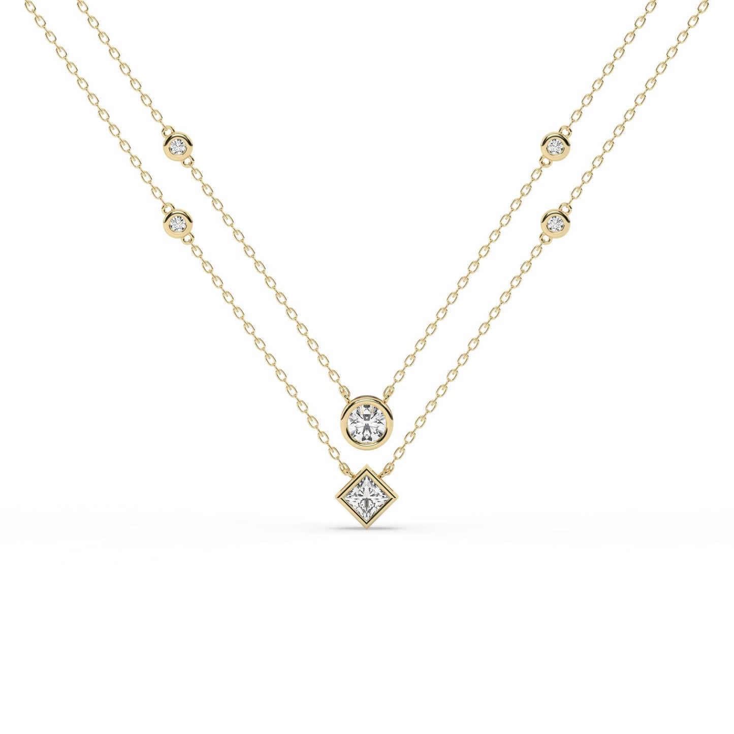 14k Gold Diamond Station Necklace / Bezel Set Diamond By the Yard Necklace / 7 Shape Lab and Natural Diamond Center Stone Option