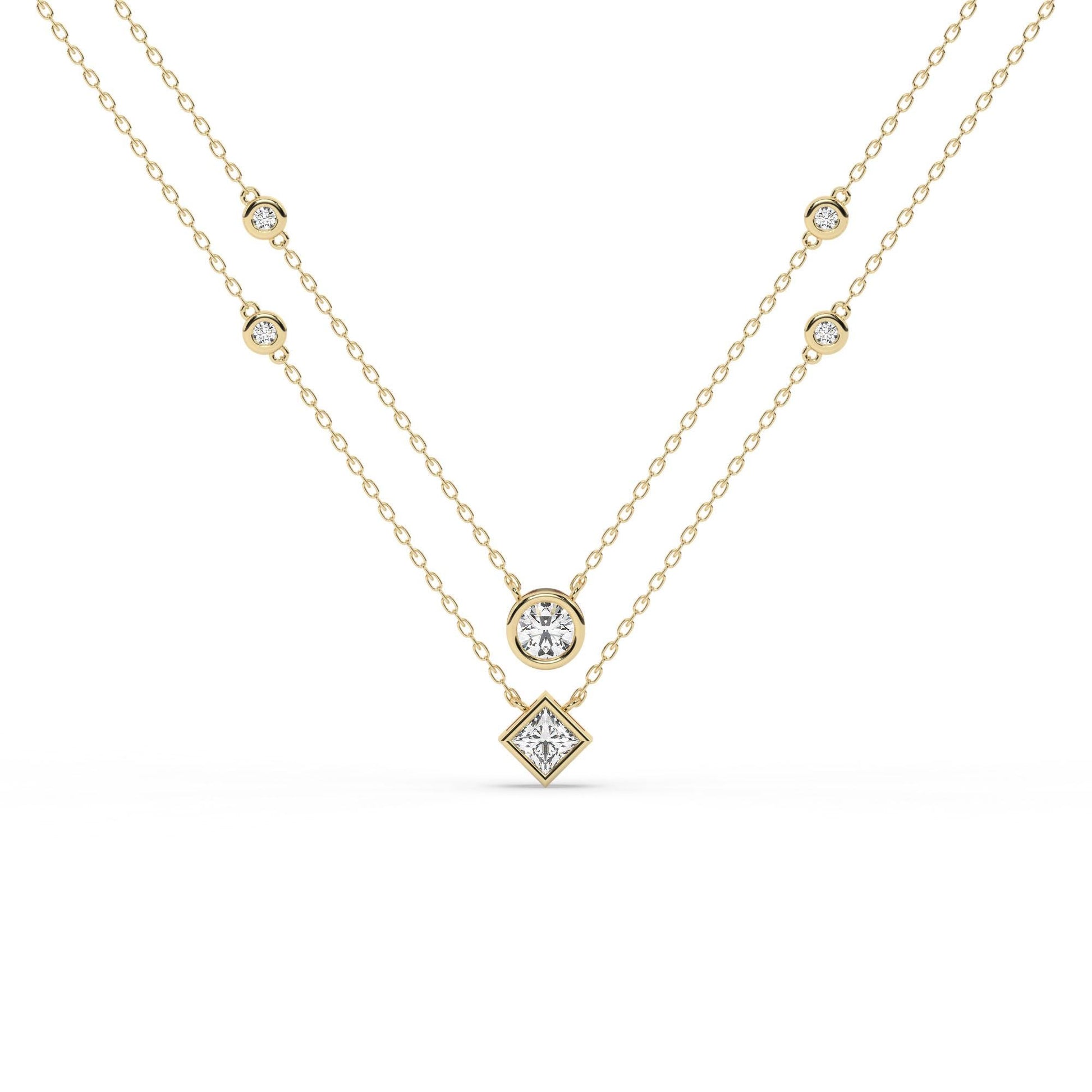 14k Gold Diamond Station Necklace / Bezel Set Diamond By the Yard Necklace / 7 Shape Lab and Natural Diamond Center Stone Option