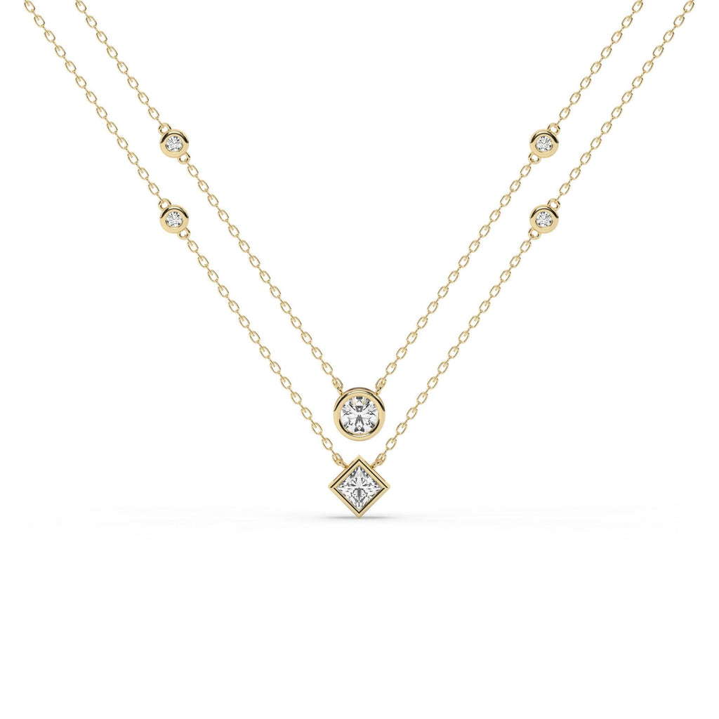 14k Gold Diamond Station Necklace / Bezel Set Diamond By the Yard Necklace / 7 Shape Lab and Natural Diamond Center Stone Option
