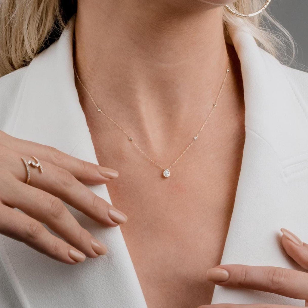 14k Gold Diamond Station Necklace / Bezel Set Diamond By the Yard Necklace / 7 Shape Lab and Natural Diamond Center Stone Option