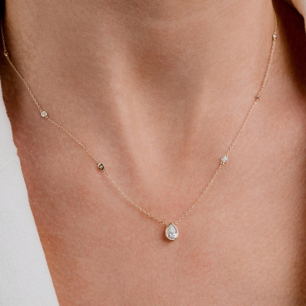 14k Gold Diamond Station Necklace / Bezel Set Diamond By the Yard Necklace / 7 Shape Lab and Natural Diamond Center Stone Option