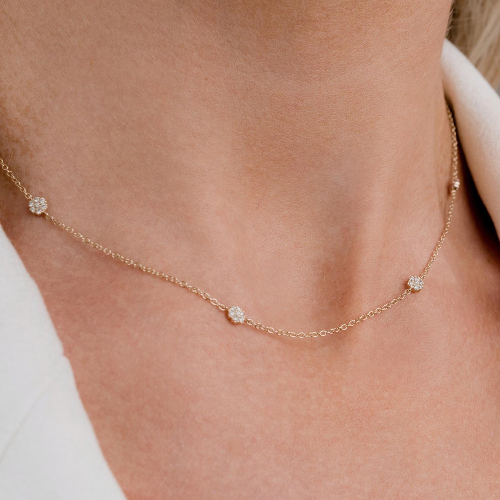 14k Gold Diamond Flower Station Necklace - Minimalist Layering Necklace