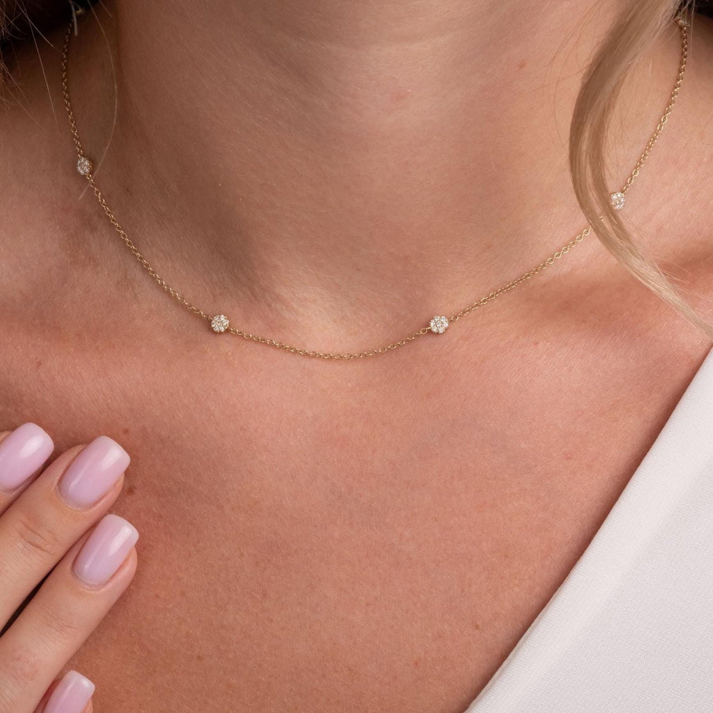 14k Gold Diamond Flower Station Necklace - Minimalist Layering Necklace