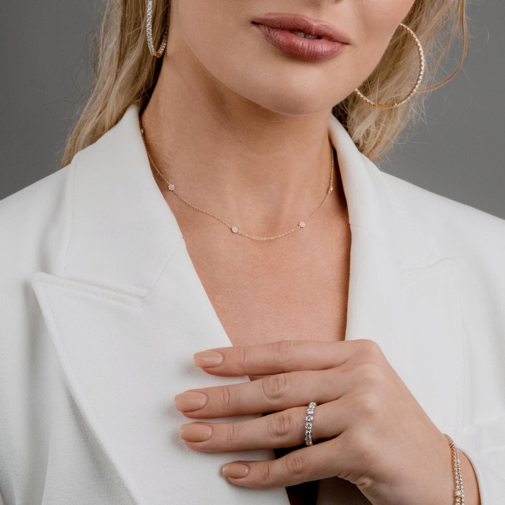 14k Gold Diamond Flower Station Necklace - Minimalist Layering Necklace