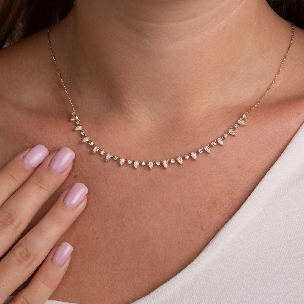 14k Gold Pear Diamond Station Necklace: Dainty Layering Necklace