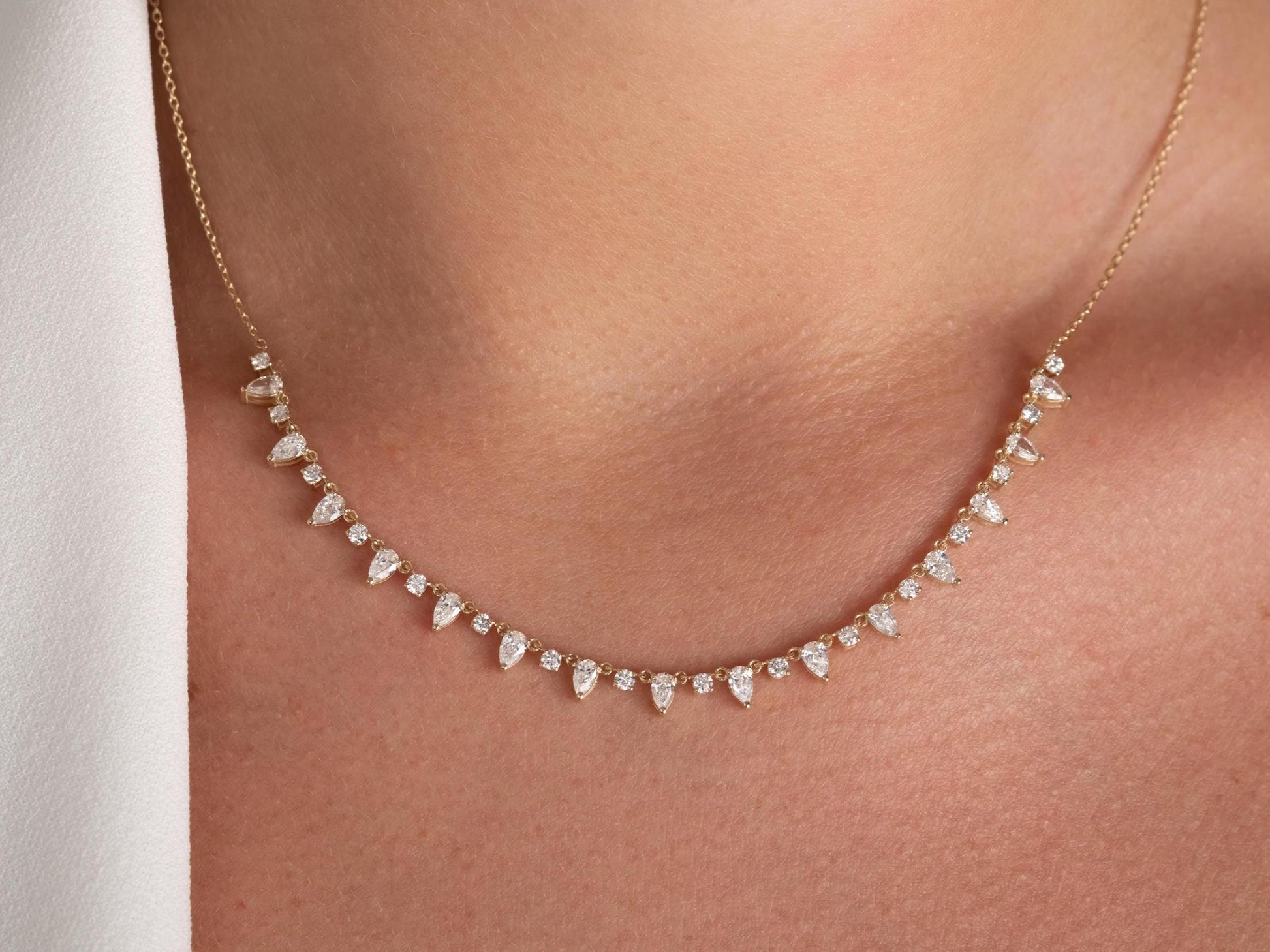 14k Gold Pear Diamond Station Necklace: Dainty Layering Necklace
