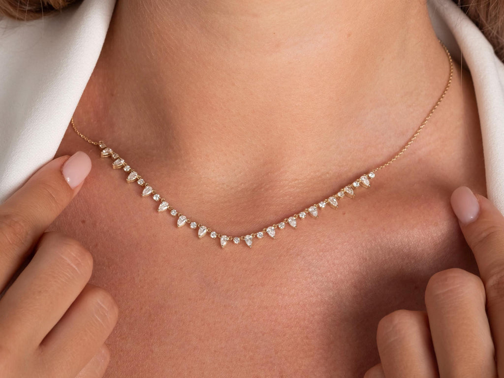 14k Gold Pear Diamond Station Necklace: Dainty Layering Necklace