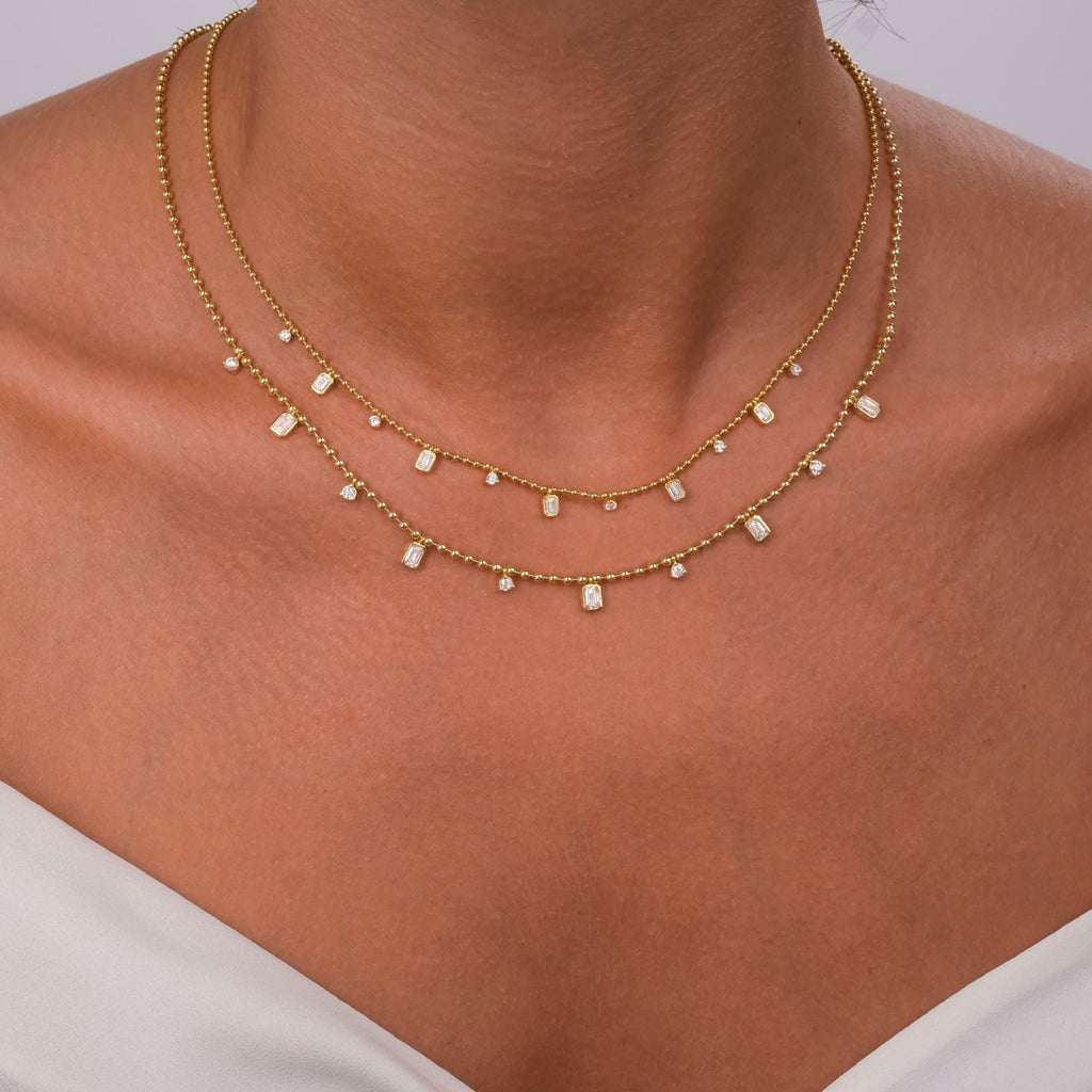 Dainty 14k Gold Emerald Cut Diamond Station Dangle Necklace - Ball Chain