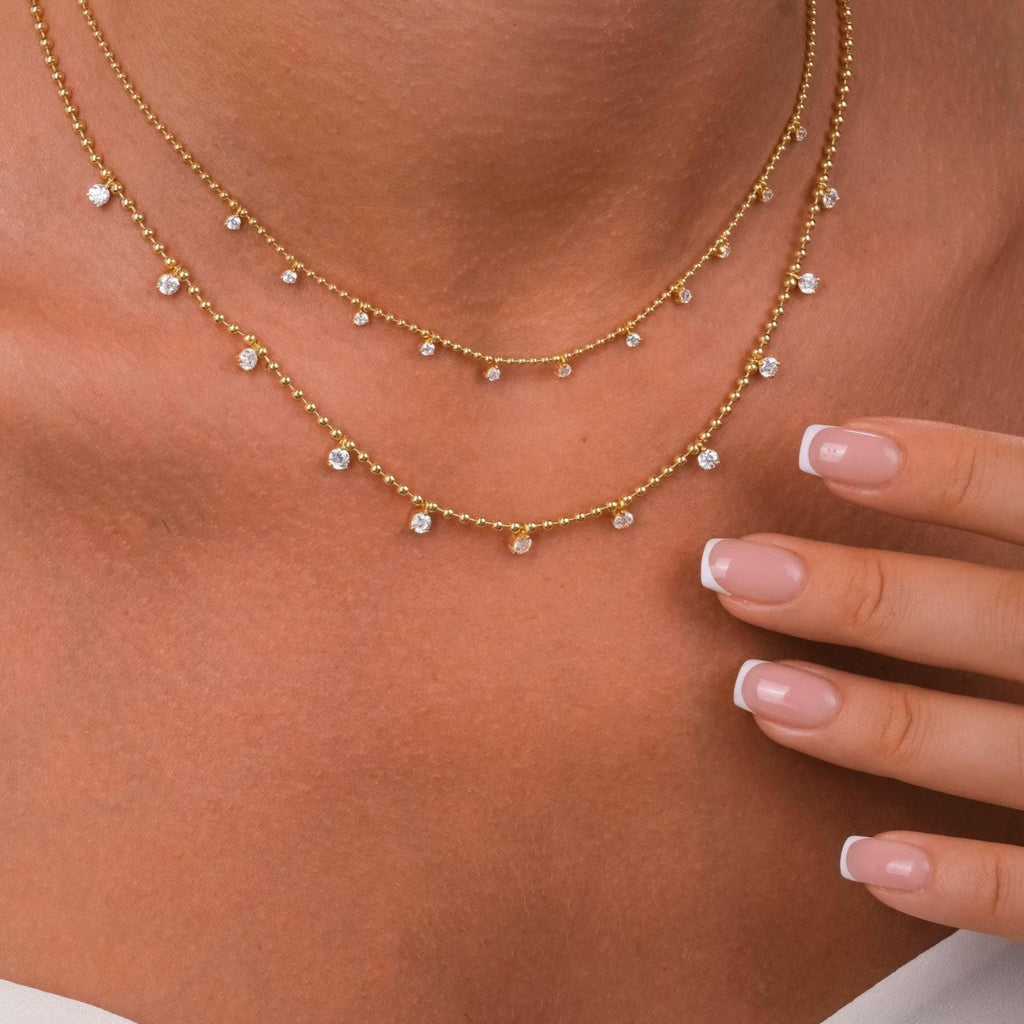 14k Gold Diamond Station Necklace: Dainty Ball Chain Layering Necklace Prong Set, Dainty Gold