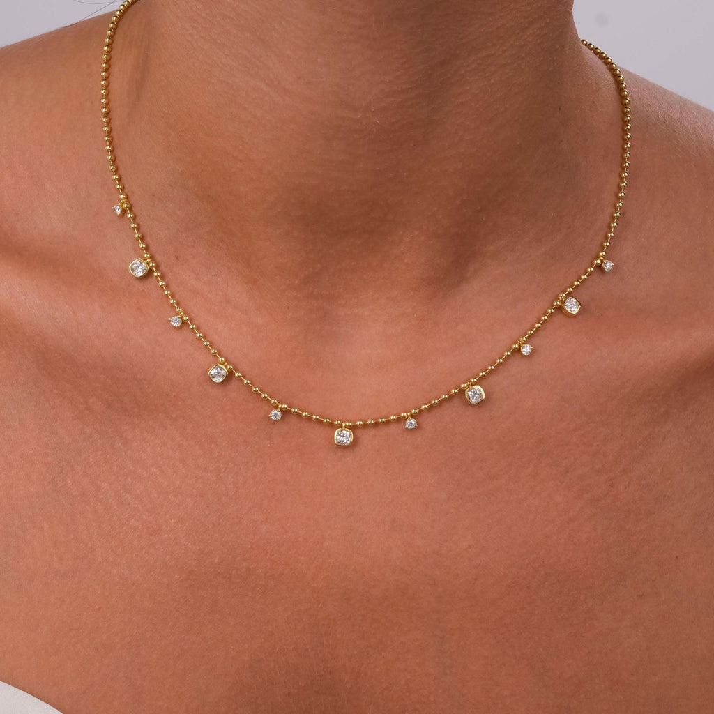 Dainty 14k Gold Cushion Cut Diamond Station Necklace - Ball Chain layering necklace