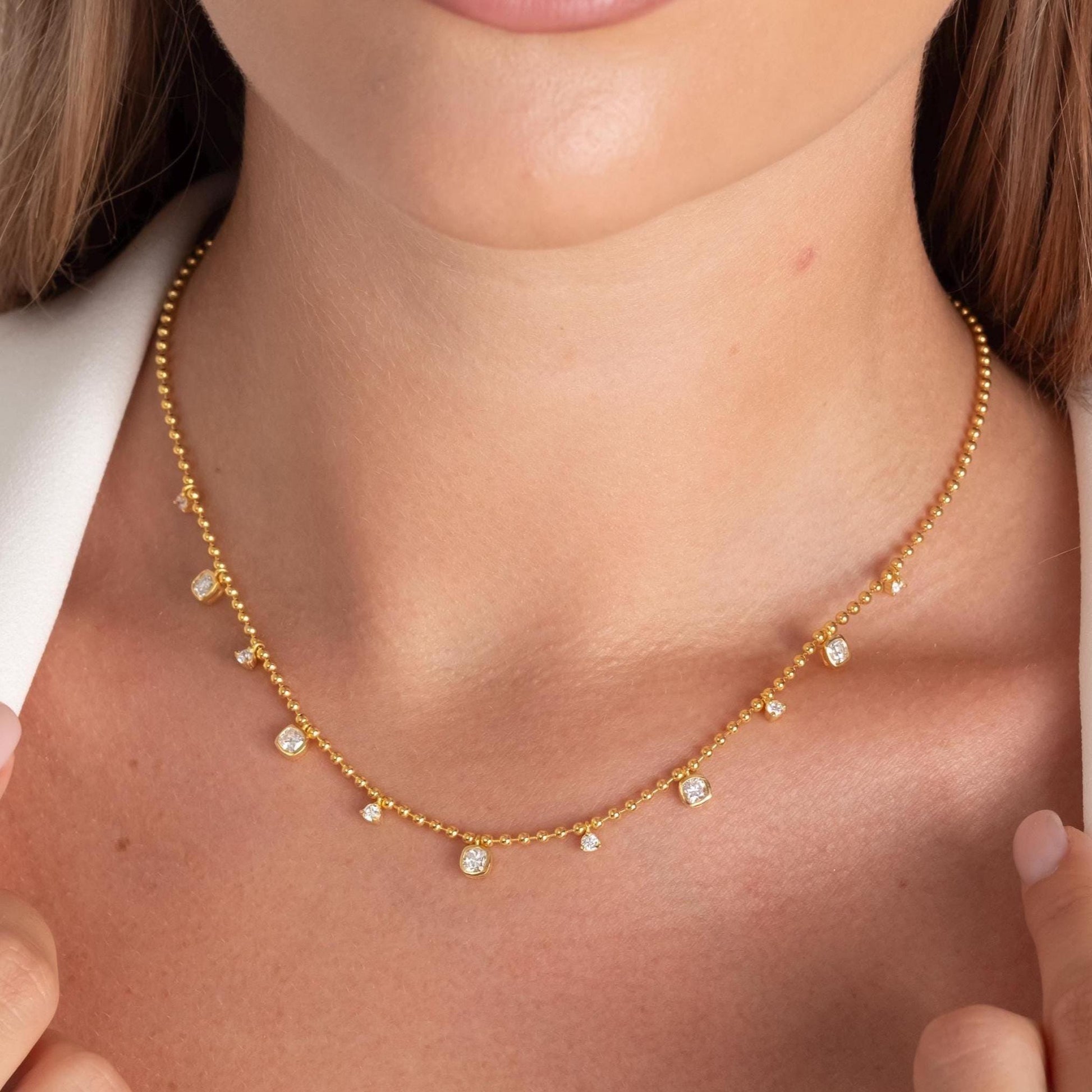 Dainty 14k Gold Cushion Cut Diamond Station Necklace - Ball Chain layering necklace