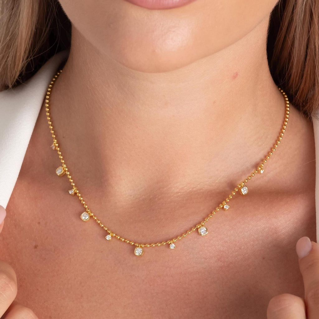 Dainty 14k Gold Cushion Cut Diamond Station Necklace - Ball Chain layering necklace