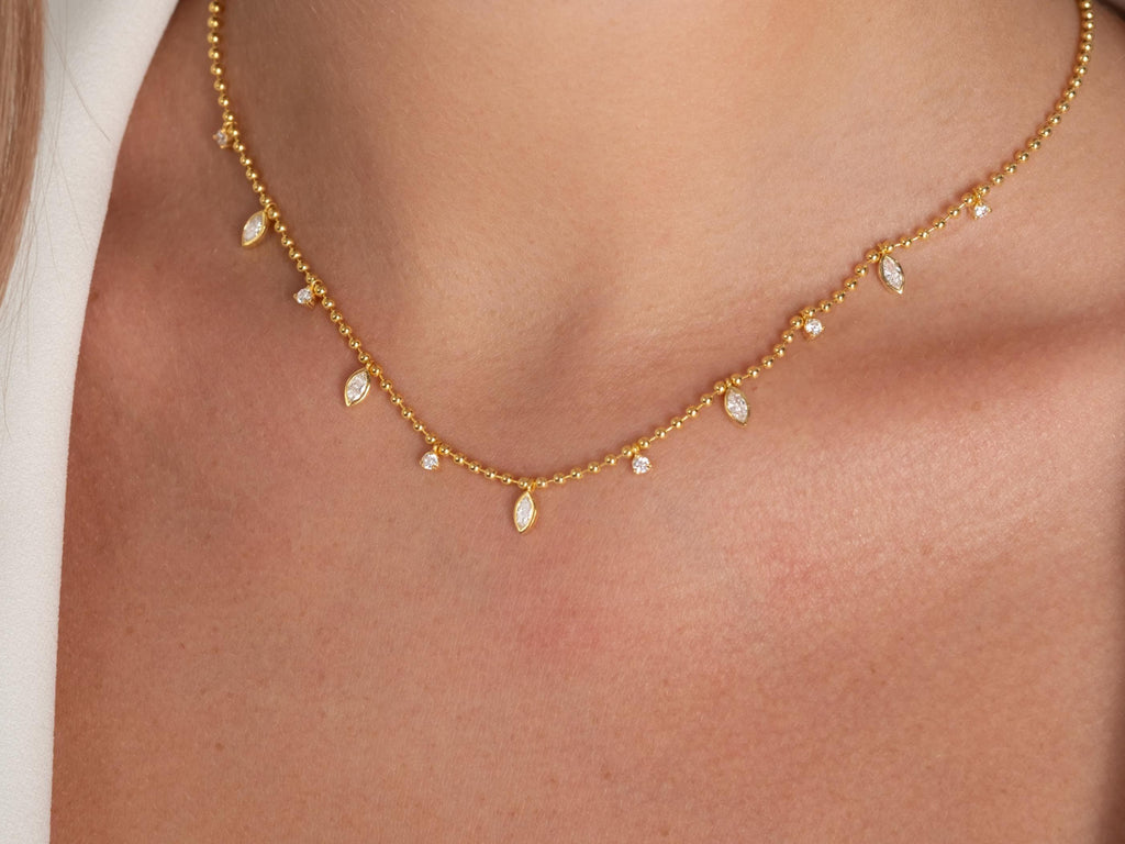Diamond Ball Chain Station Necklace / 14k Gold Marquise Cut Diamond Station Necklace /Dainty Diamond Necklace / Bead Chain Layering Necklace