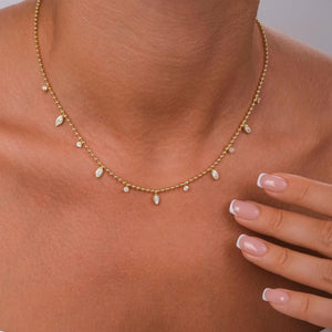 Diamond Ball Chain Station Necklace / 14k Gold Marquise Cut Diamond Station Necklace /Dainty Diamond Necklace / Bead Chain Layering Necklace