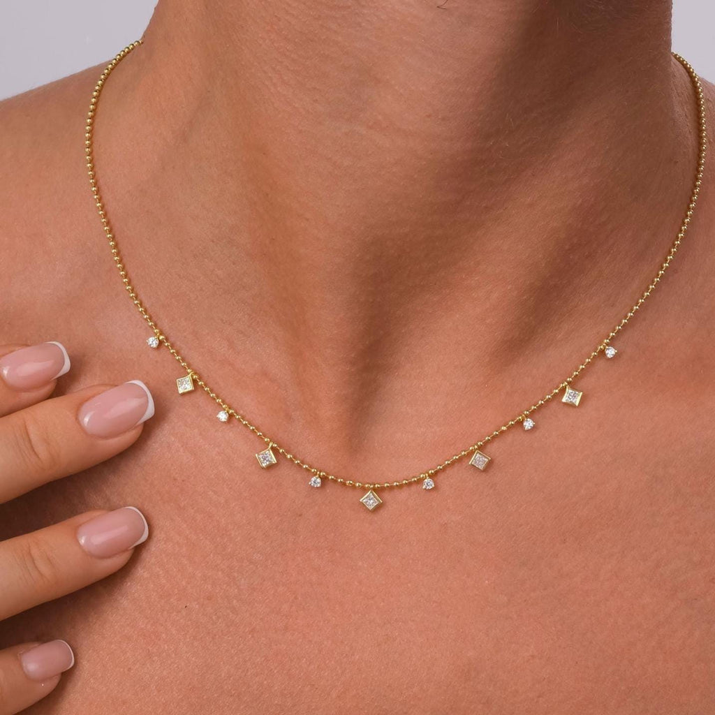 Princess Cut Diamond Station Necklace / 14k Gold Diamond Necklace / Dainty Bead Chain Diamond Necklace / Ball Chain Layering Necklace