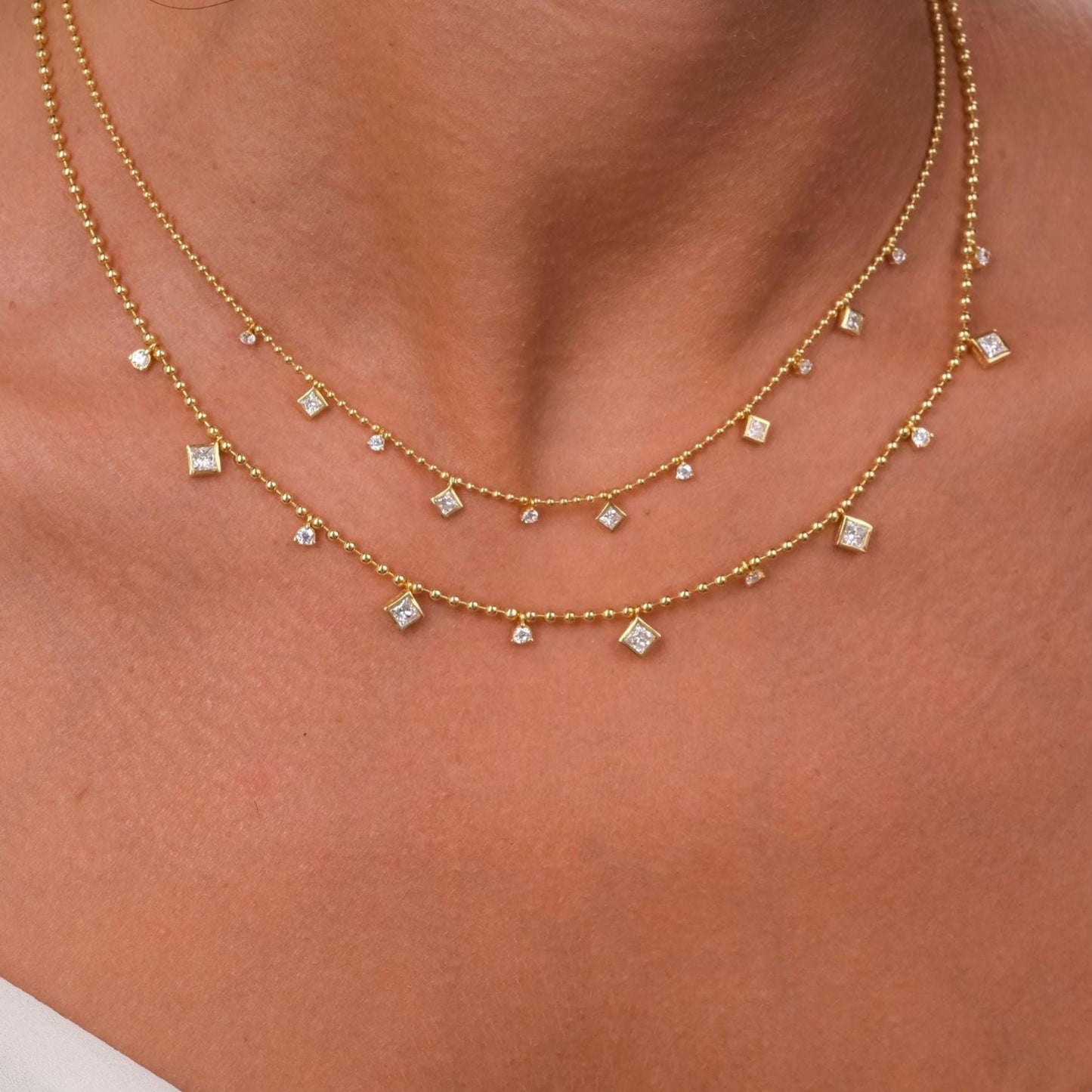 Princess Cut Diamond Station Necklace / 14k Gold Diamond Necklace / Dainty Bead Chain Diamond Necklace / Ball Chain Layering Necklace