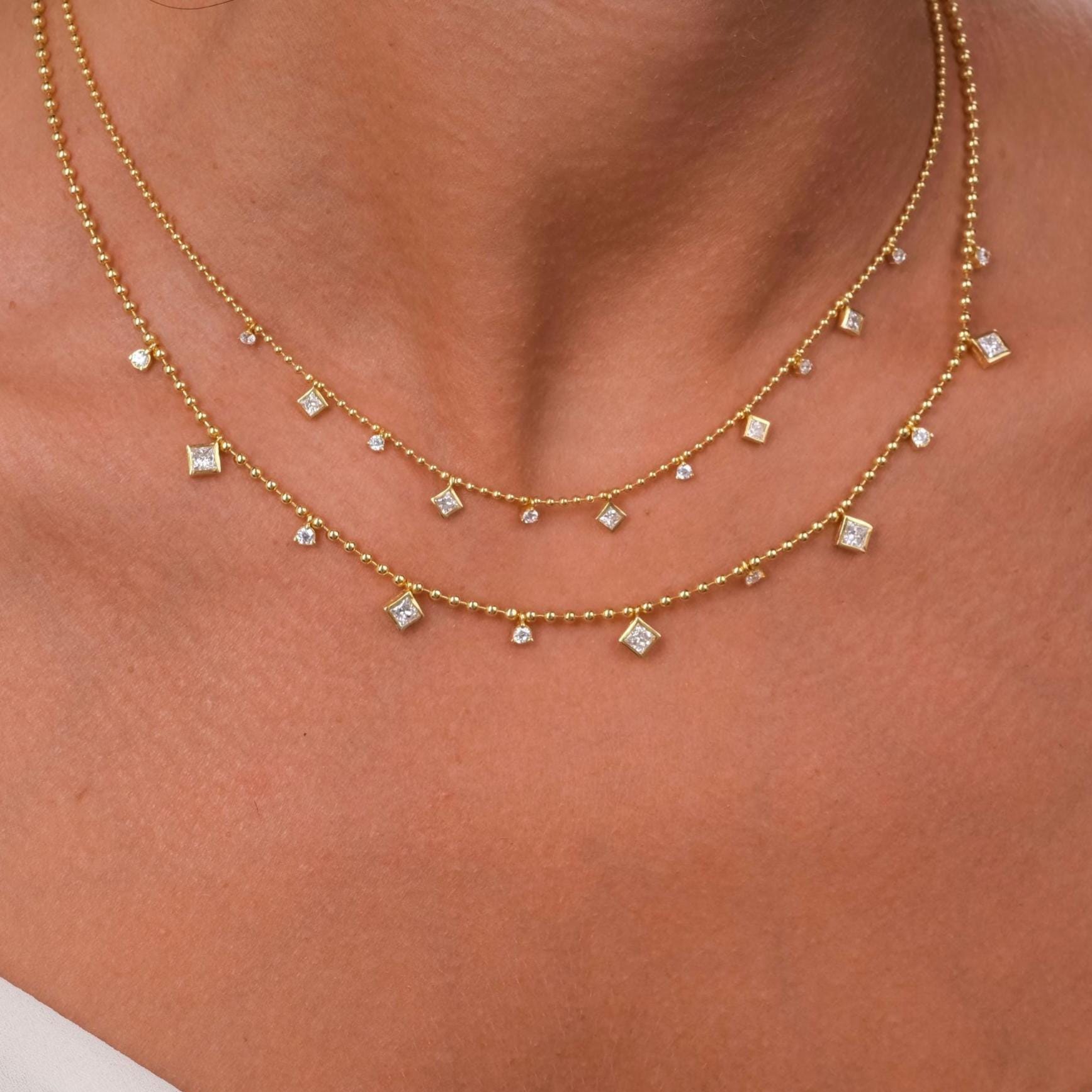 Princess Cut Diamond Station Necklace / 14k Gold Diamond Necklace / Dainty Bead Chain Diamond Necklace / Ball Chain Layering Necklace