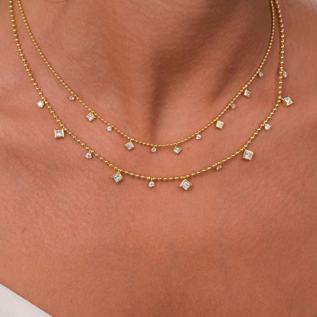 Princess Cut Diamond Station Necklace / 14k Gold Diamond Necklace / Dainty Bead Chain Diamond Necklace / Ball Chain Layering Necklace