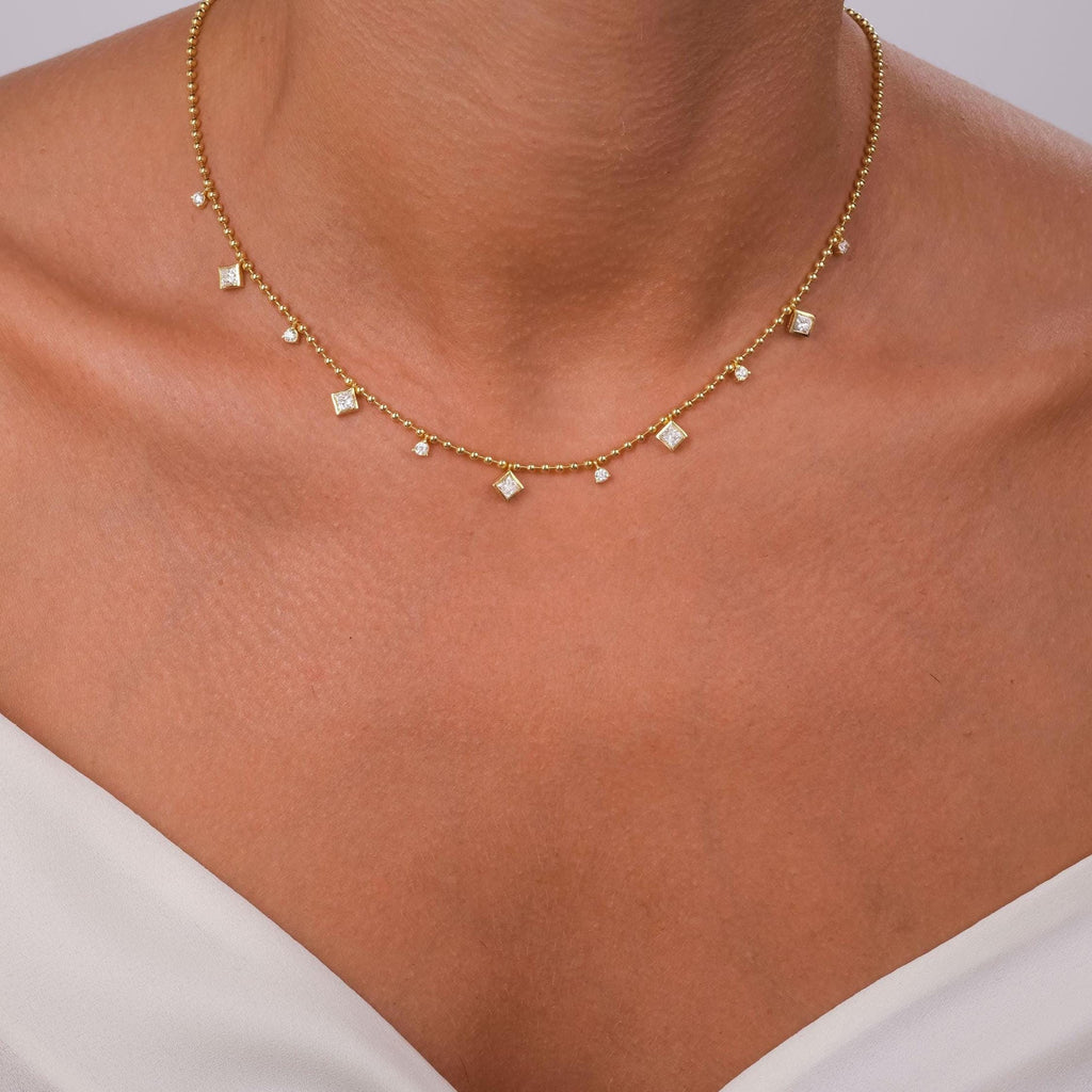 Princess Cut Diamond Station Necklace / 14k Gold Diamond Necklace / Dainty Bead Chain Diamond Necklace / Ball Chain Layering Necklace