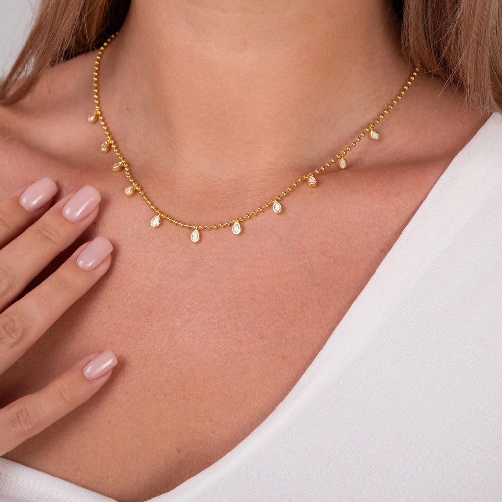 Diamond Ball Chain Station Necklace / 14k Gold Pear Diamond Station Necklace / Dainty Diamond Necklace / Bead Chain Layering Necklace