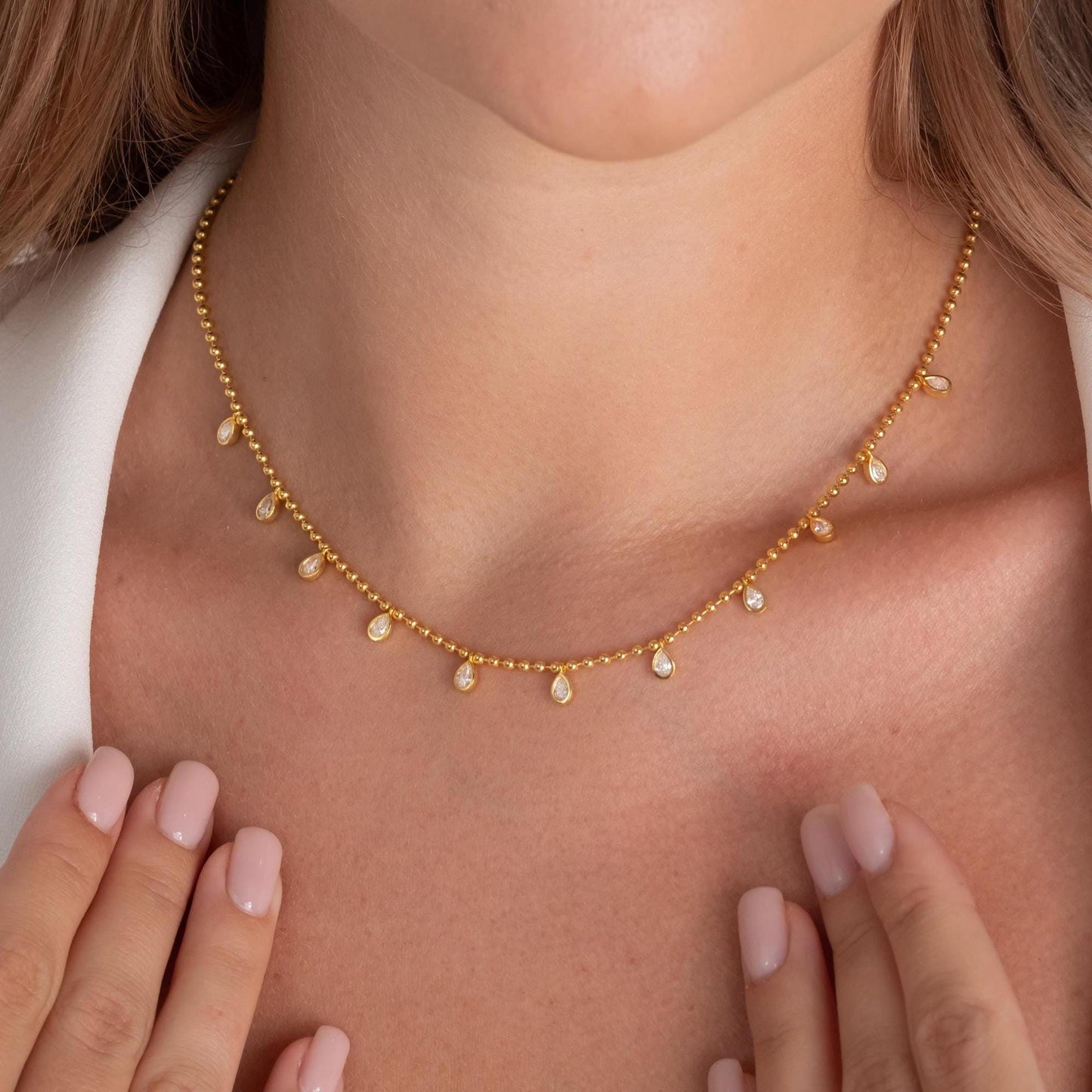 Diamond Ball Chain Station Necklace / 14k Gold Pear Diamond Station Necklace / Dainty Diamond Necklace / Bead Chain Layering Necklace